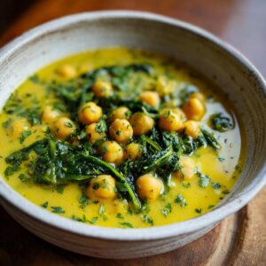 Close-up of a bowl of vibrant yellow chickpea soup filled with whole chickpeas and dark green spinach.