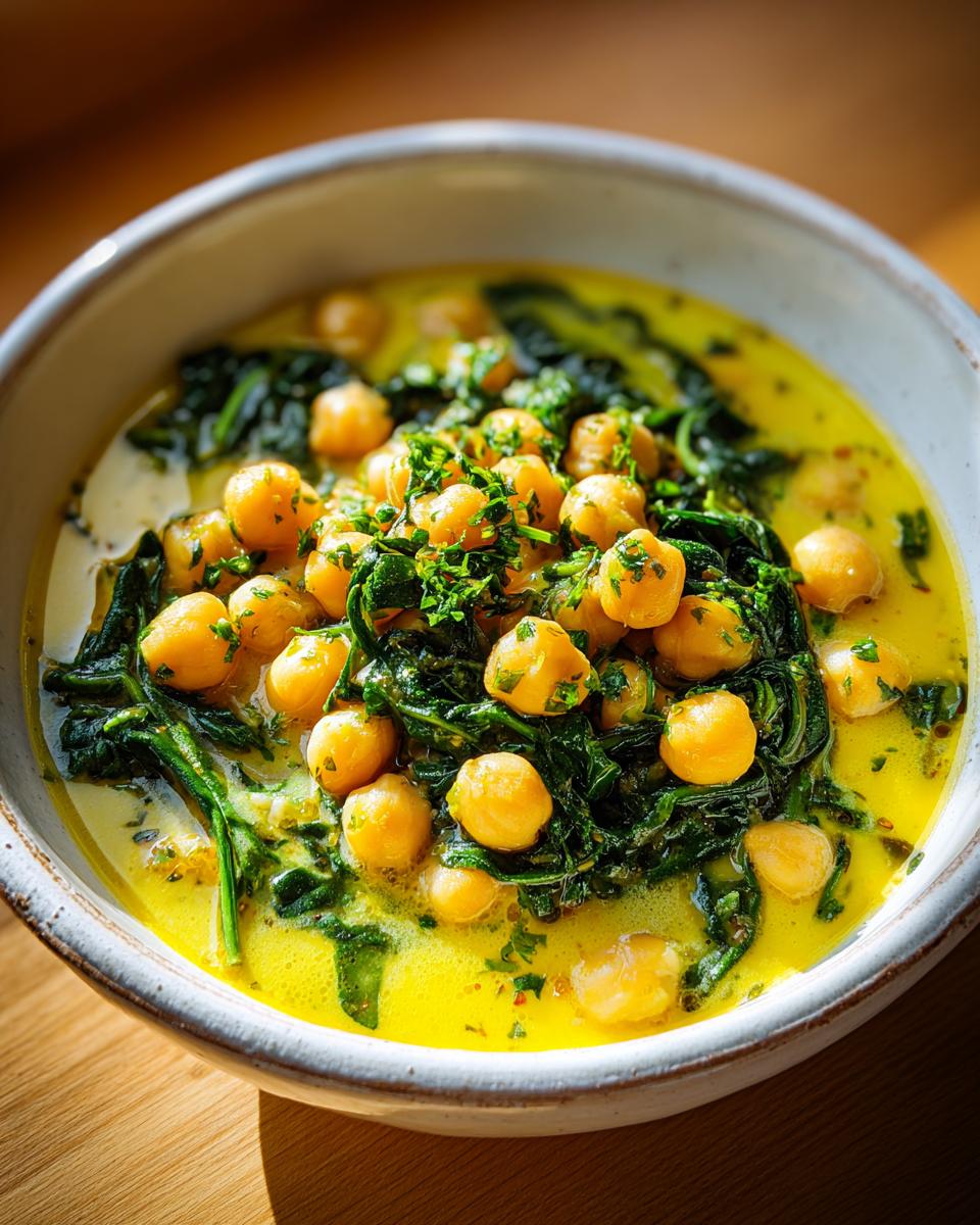 Close-up of a vibrant yellow chickpea soup featuring whole chickpeas and dark green spinach, topped with fresh herbs.