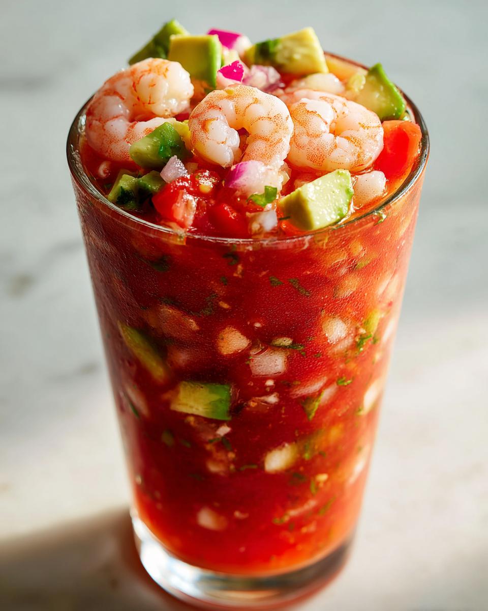 Close-up of a chilled glass filled with Mexican-style shrimp cocktail, featuring shrimp, avocado, and tomato sauce.