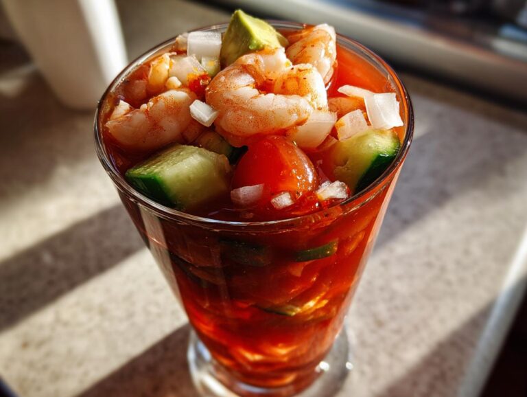 Close-up of a vibrant shrimp cocktail served in a tall glass, featuring shrimp, avocado chunks, cucumber, and onion in a rich red sauce.