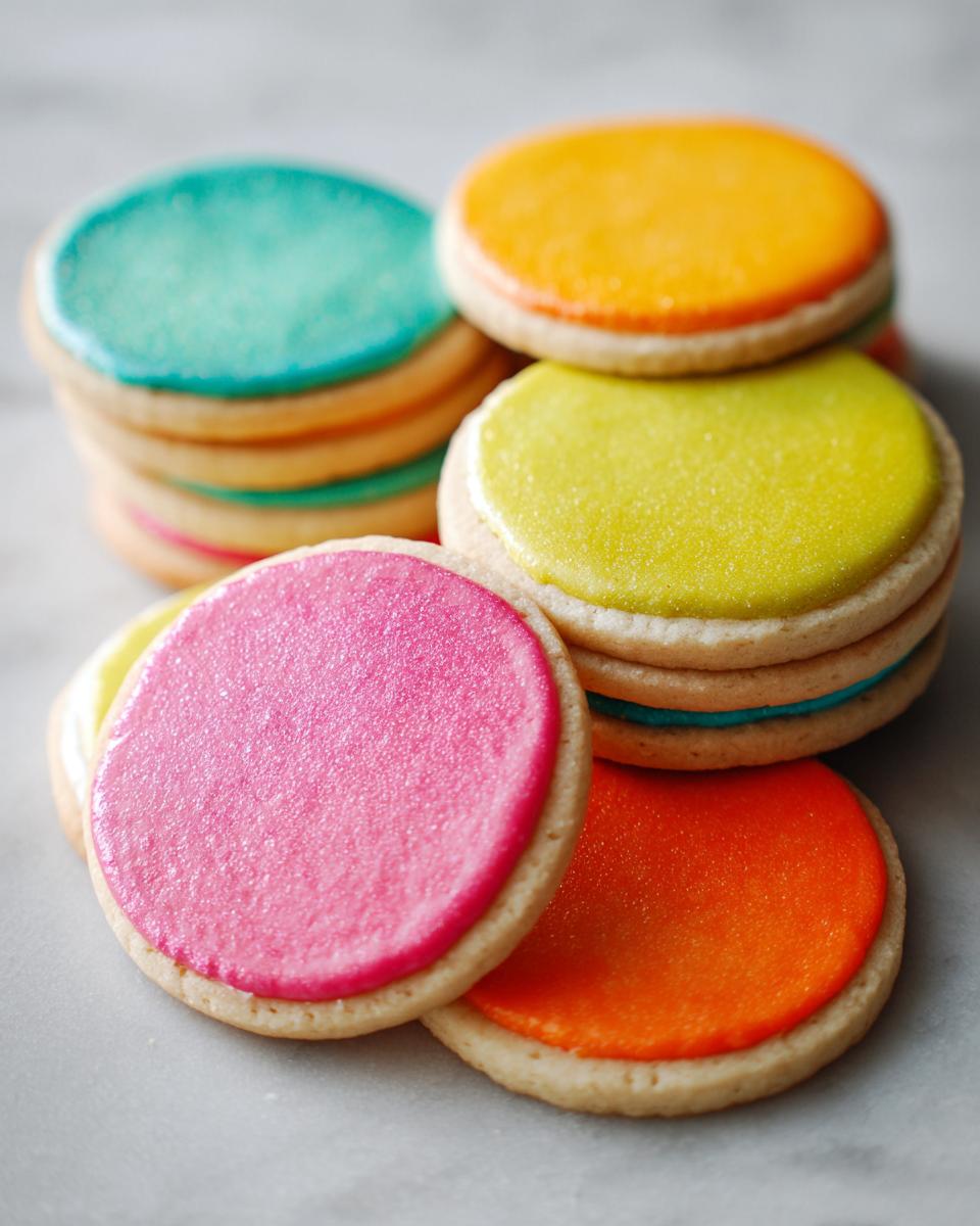 Close-up of round sugar cookies topped with vibrant, hardened sugar cookie icing in pink, orange, yellow, and teal.