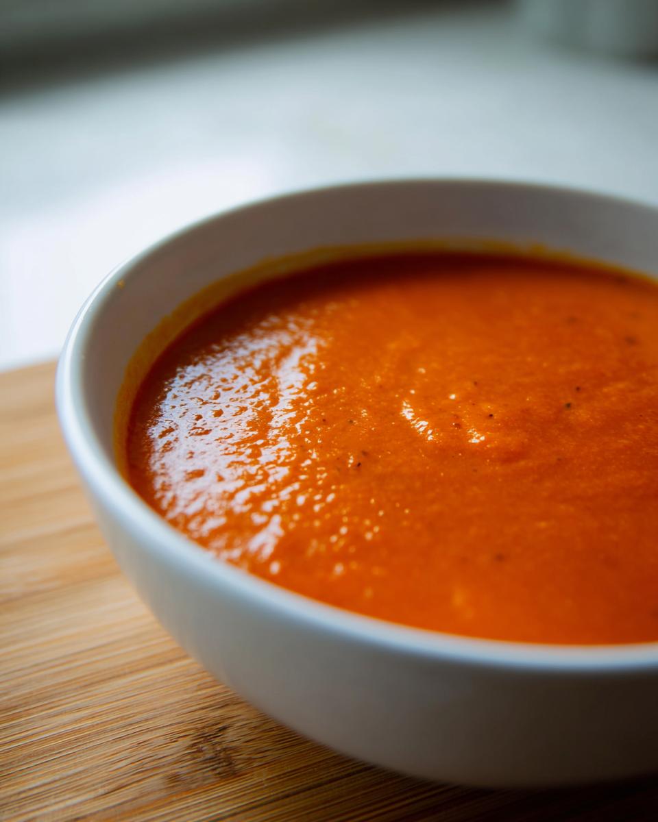 Close-up of a vibrant orange bowl of creamy tomato bisque resting on a wooden cutting board.