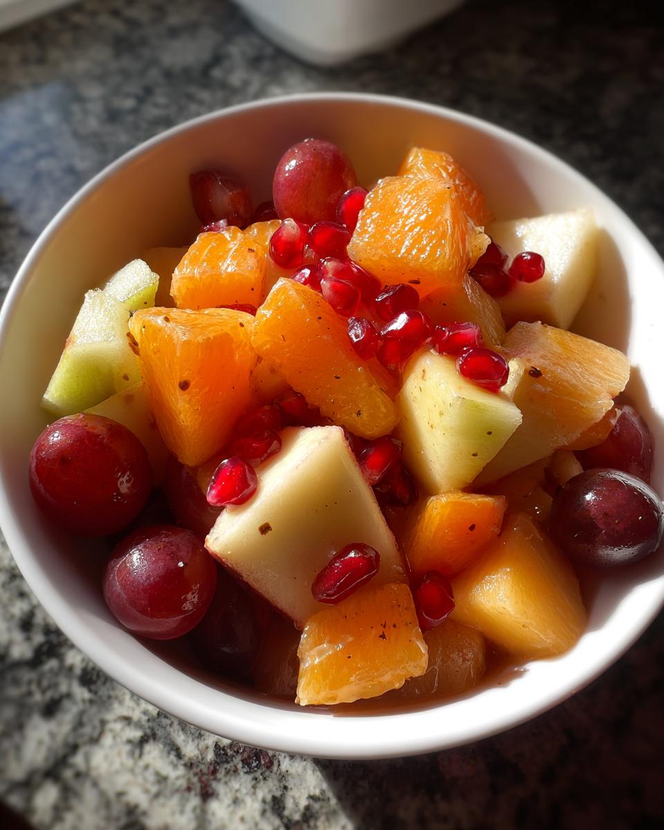 Close-up of a white bowl filled with a colorful winter fruit salad featuring oranges, grapes, apples, and pomegranate seeds.
