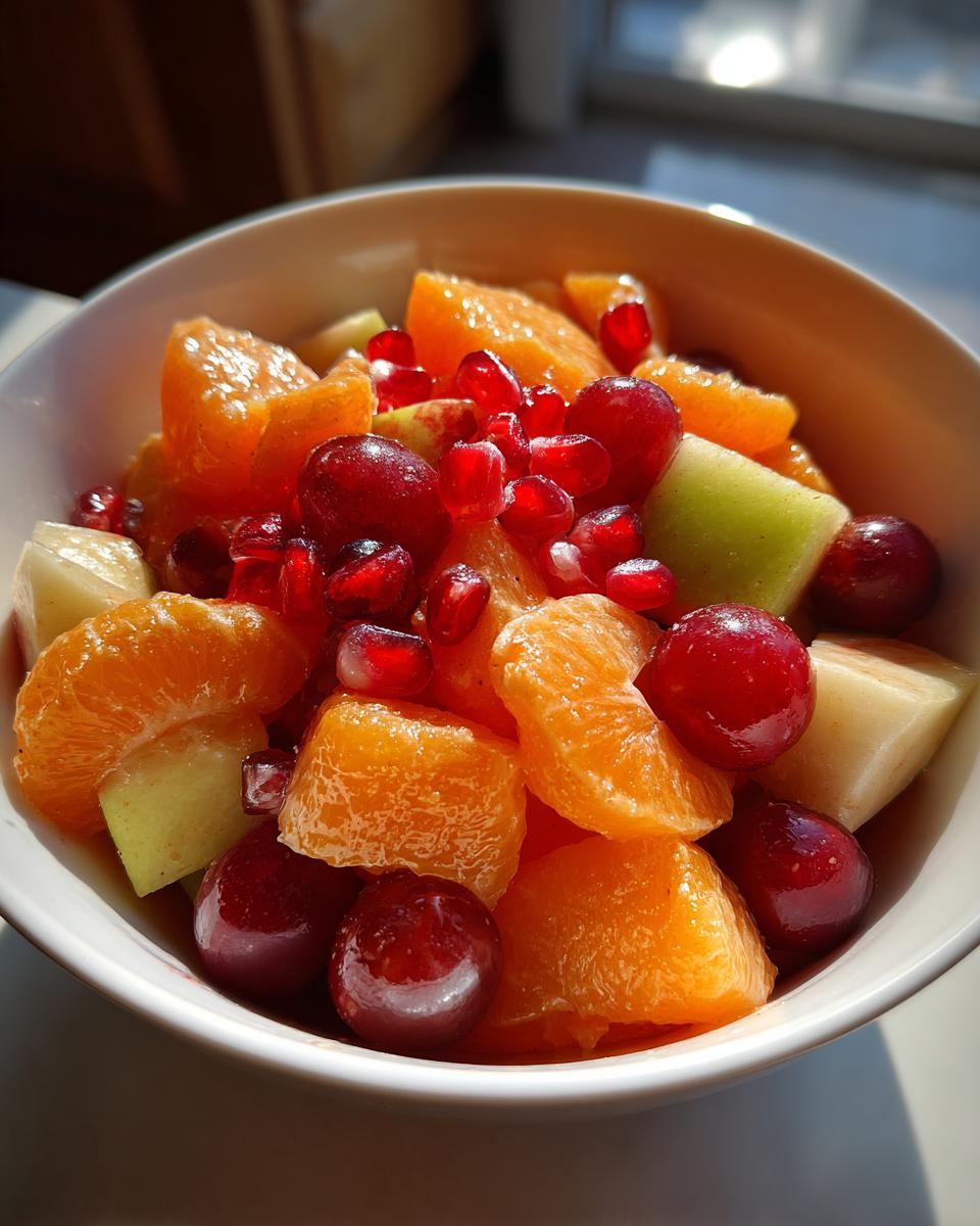 Close-up of a vibrant winter fruit salad featuring oranges, grapes, pomegranate seeds, and green apple chunks in a white bowl.