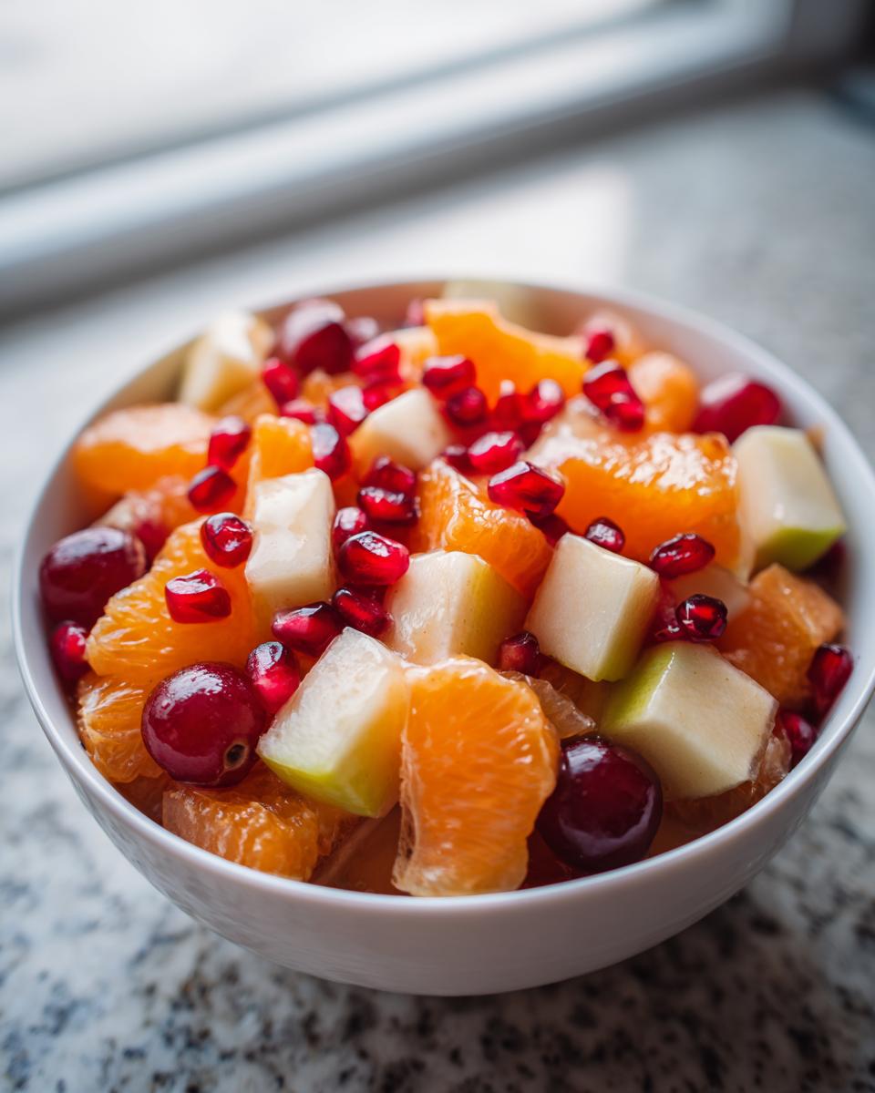 Close-up of a vibrant winter fruit salad featuring mandarin segments, diced pears, cranberries, and pomegranate seeds.