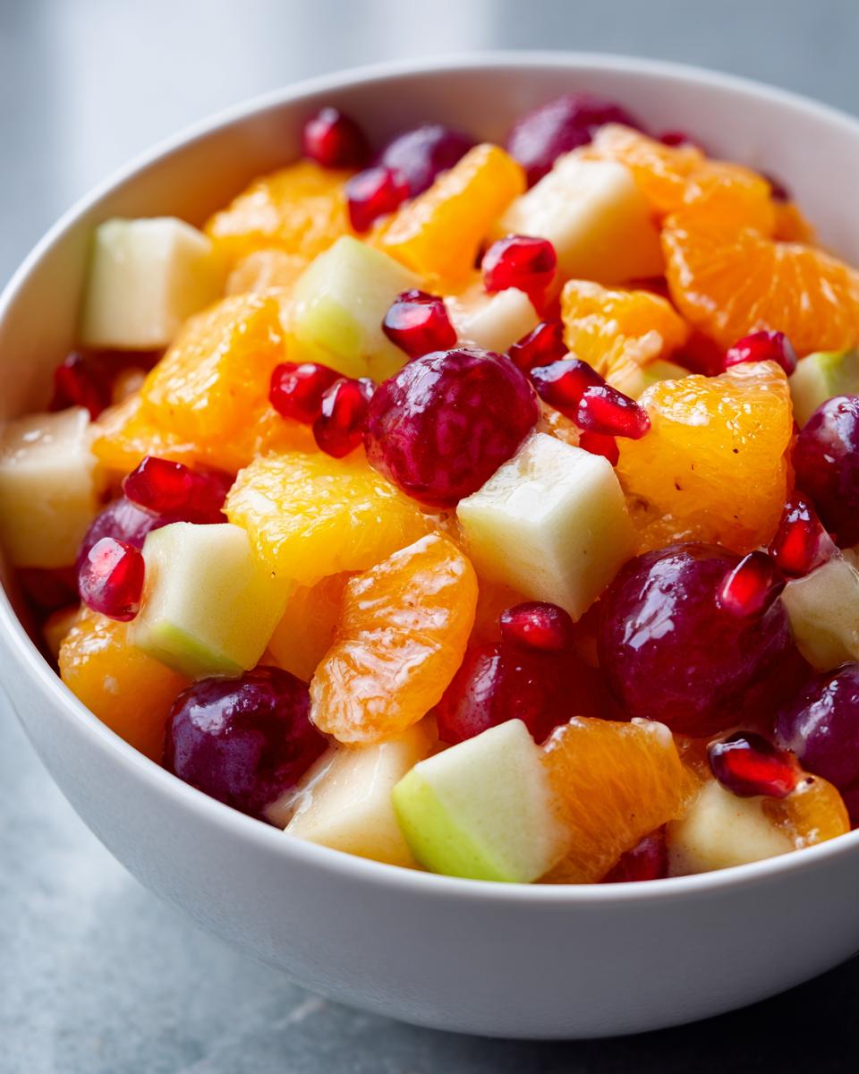Close-up of a vibrant winter fruit salad featuring oranges, grapes, apples, and pomegranate seeds in a white bowl.