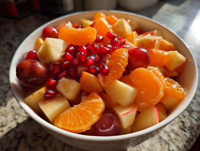 Close-up of a bowl filled with a vibrant winter fruit salad featuring oranges, apples, grapes, and pomegranate seeds.