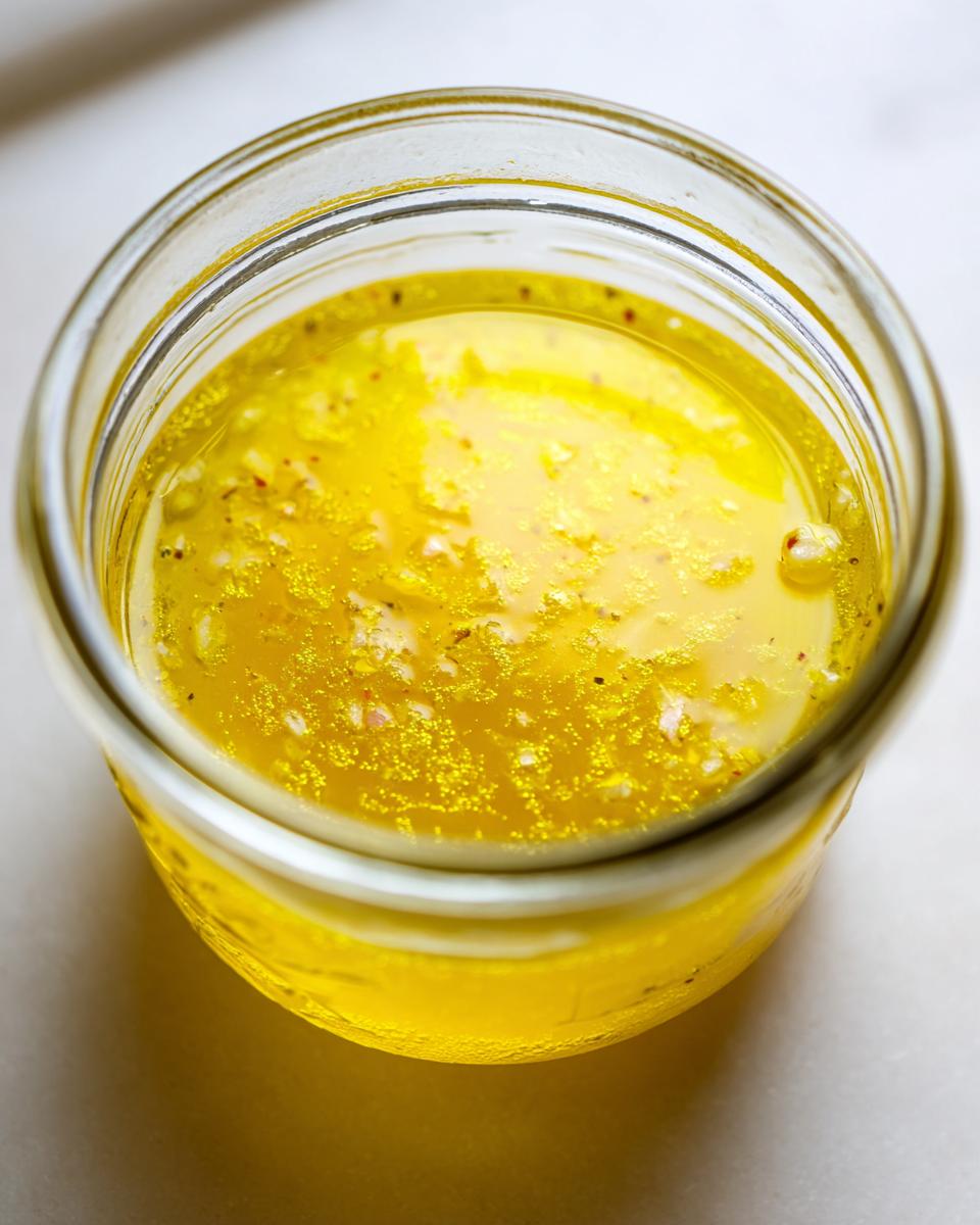 Close-up overhead view of a vibrant yellow homemade salad dressing with visible spices and oil separation in a small glass jar.