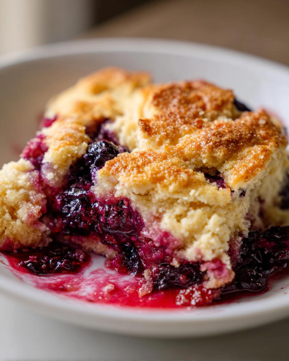 A close-up shot of a serving of warm mixed berry cobbler with a golden topping and juicy, bubbling berry filling.