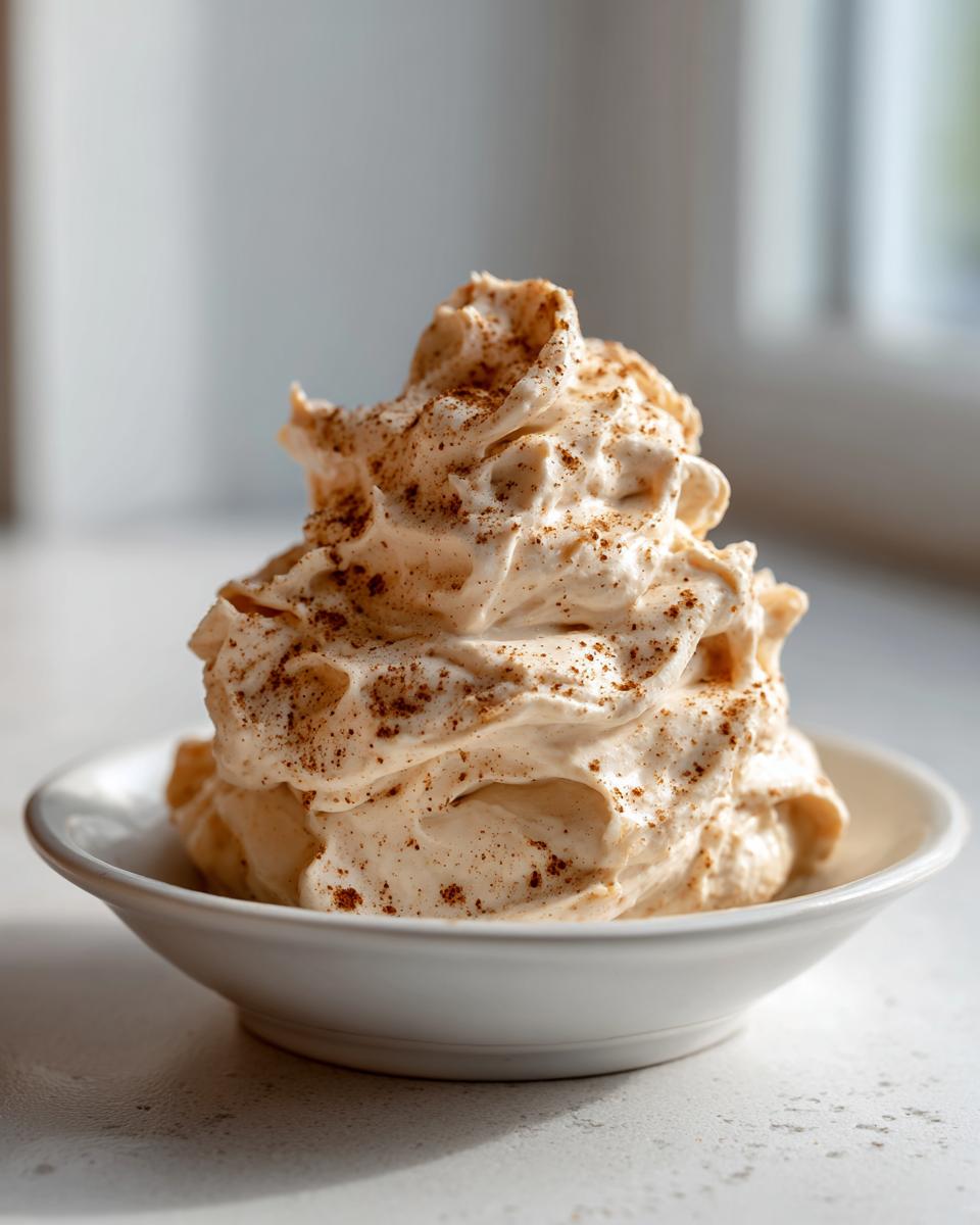A mound of perfectly whipped cinnamon butter, dusted generously with cinnamon, served in a small white bowl.