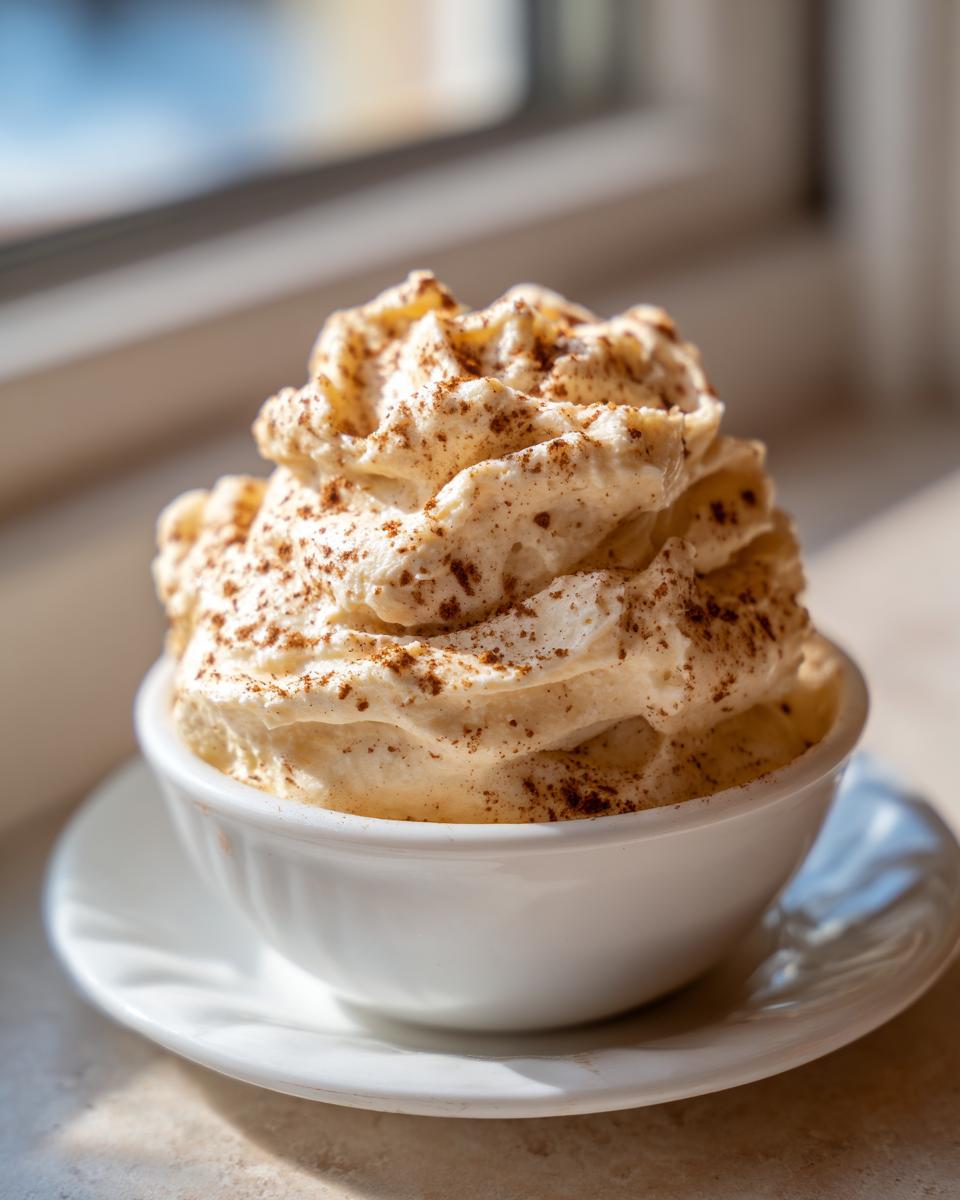 A generous swirl of whipped cinnamon butter, dusted with cinnamon, served in a small white bowl.
