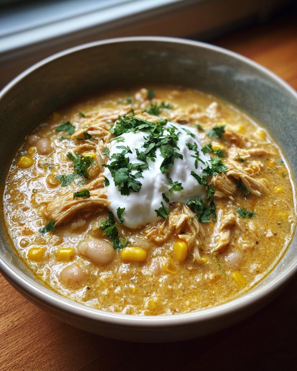A close-up of a hearty bowl of white chicken chili recipe, featuring shredded chicken, corn, white beans, topped with sour cream and cilantro.