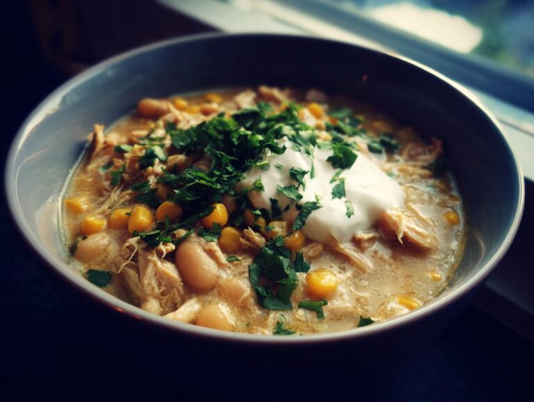 A close-up of a bowl of creamy white chicken chili recipe topped with sour cream, corn, and fresh cilantro.