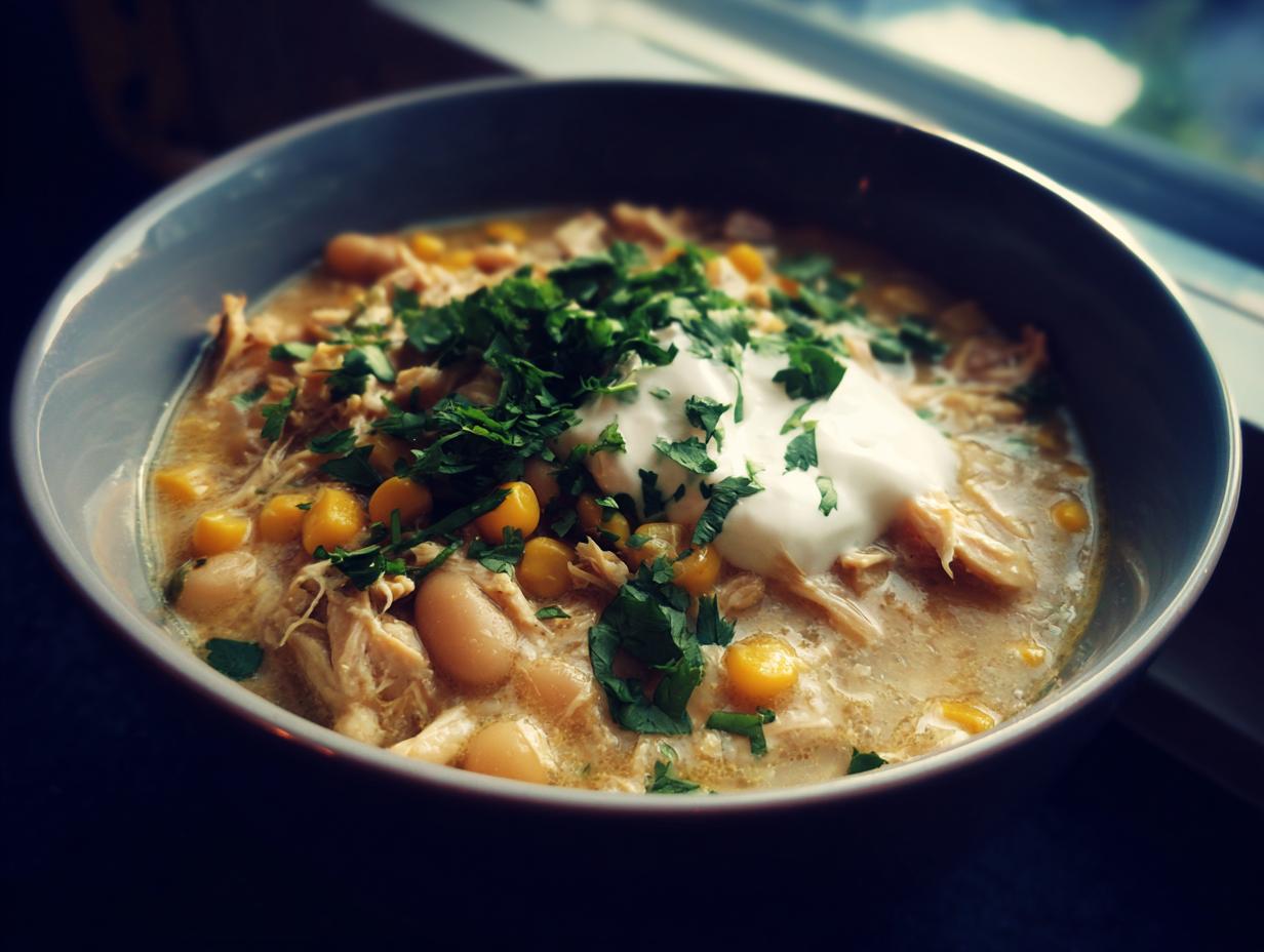 A close-up of a bowl of creamy white chicken chili recipe topped with sour cream, corn, and fresh cilantro.
