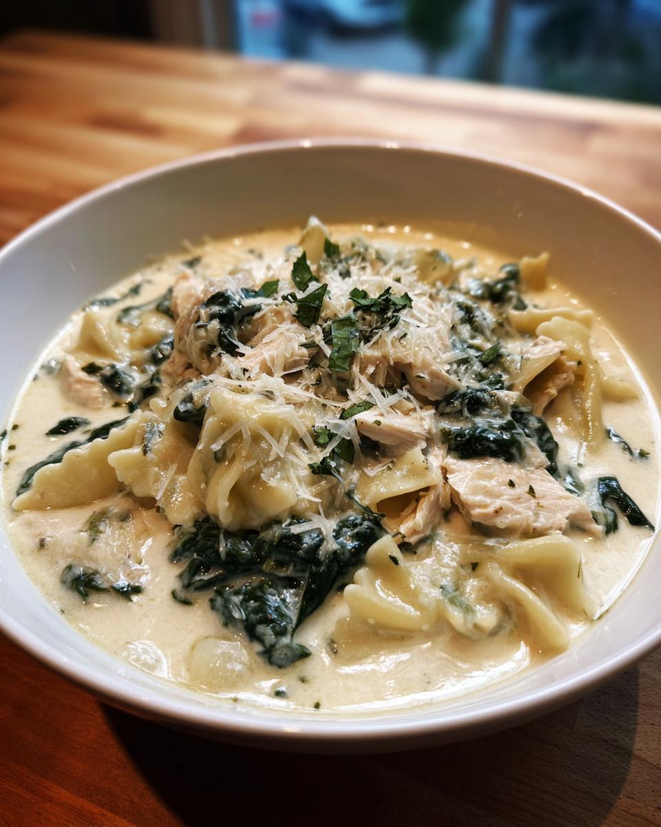 A close-up of a bowl of creamy white chicken lasagna soup topped with shredded chicken, spinach, and Parmesan cheese.