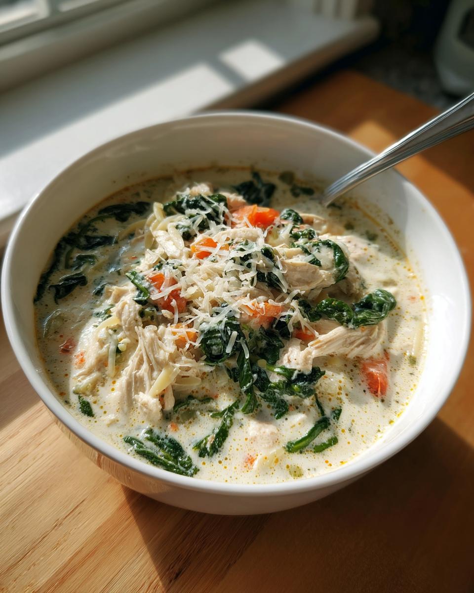 Close-up of a white bowl filled with creamy white chicken lasagna soup, topped with shredded chicken, spinach, and Parmesan cheese.