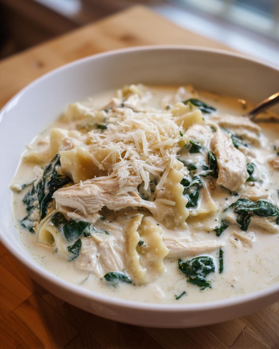 Close-up of a bowl of white chicken lasagna soup featuring shredded chicken, spinach, pasta, and topped with grated Parmesan cheese.