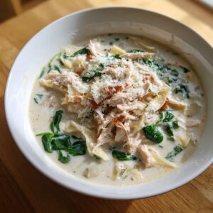 A close-up of a white bowl filled with creamy white chicken lasagna soup, topped with shredded chicken, spinach, and grated Parmesan.
