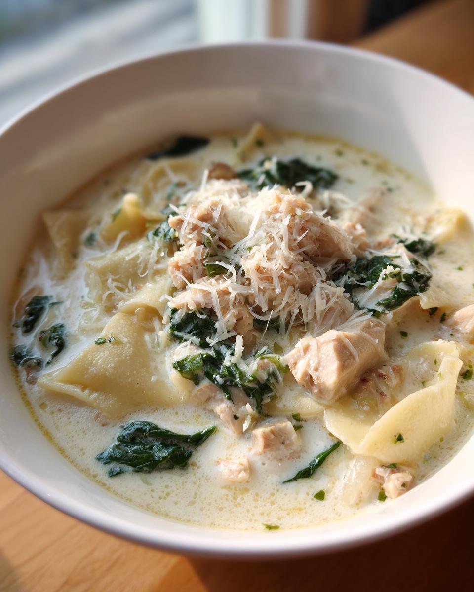 Close-up of a hearty bowl of white chicken lasagna soup topped with shredded Parmesan cheese.