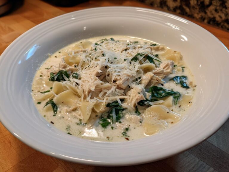 A close-up of a white bowl filled with white chicken lasagna soup, featuring shredded chicken, spinach, pasta, and topped with grated Parmesan cheese.