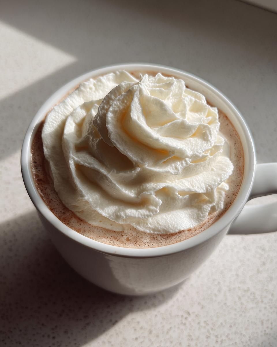Close-up of a mug filled with rich white hot chocolate, generously topped with a swirl of fresh whipped cream.
