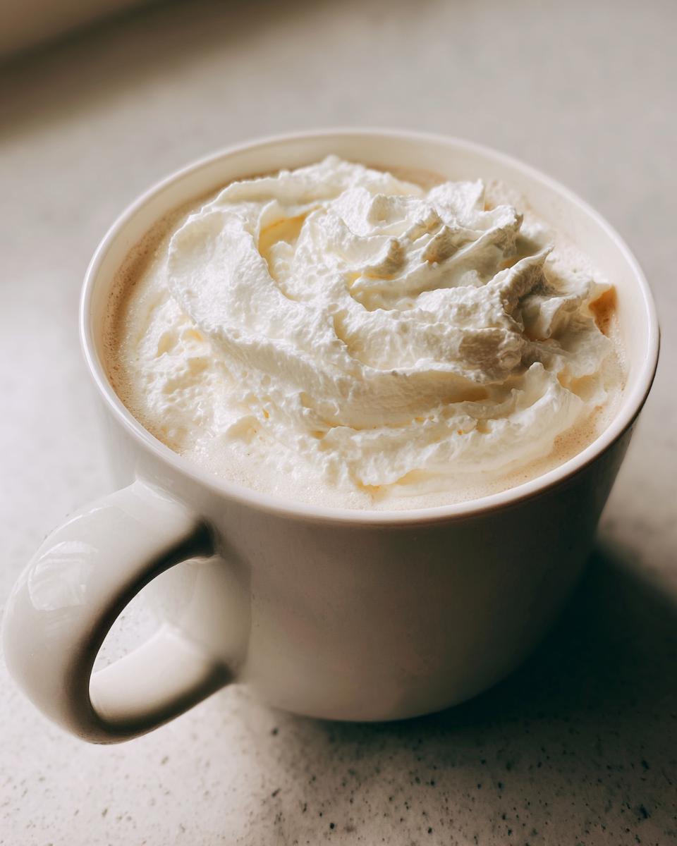 Close-up of a white mug filled with creamy white hot chocolate topped generously with whipped cream.