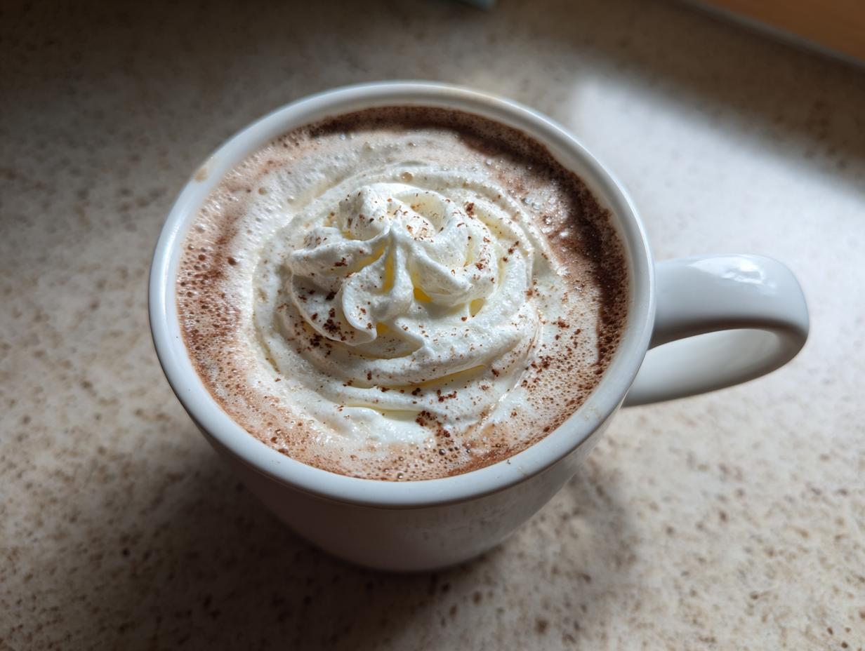 Close-up of a mug filled with rich white hot chocolate topped with a swirl of whipped cream and a dusting of cocoa.