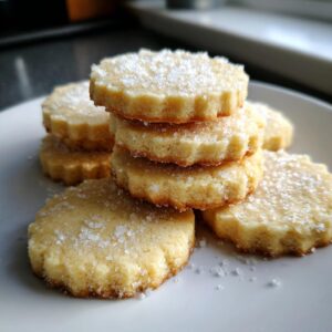 A stack of golden, round butter cookies topped with coarse sugar crystals on a white plate.