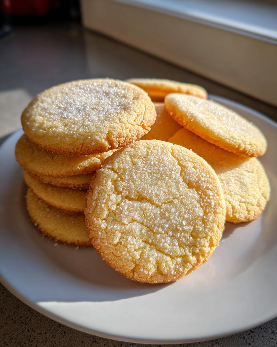 A stack of freshly baked, golden butter cookies topped with sparkling sugar crystals, sitting on a white plate.