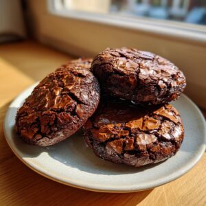 Four freshly baked chocolate brownie cookies with shiny, cracked tops stacked on a light plate.