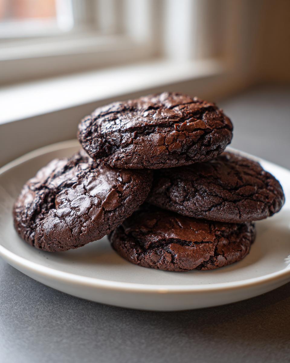 A stack of four rich, dark chocolate brownie cookies with cracked tops resting on a light gray plate.