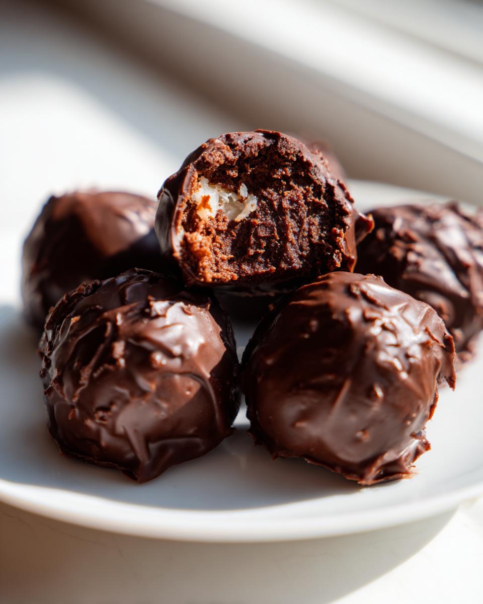 A close-up of several rich, dark chocolate-covered almond joy truffles, with one bitten open revealing the coconut filling.