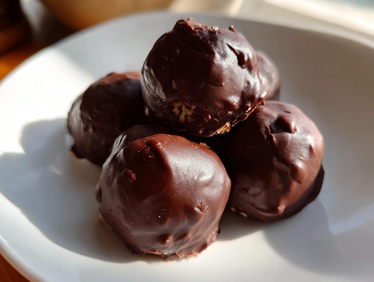 A small pile of rich, dark chocolate-coated almond joy truffles resting on a white plate.