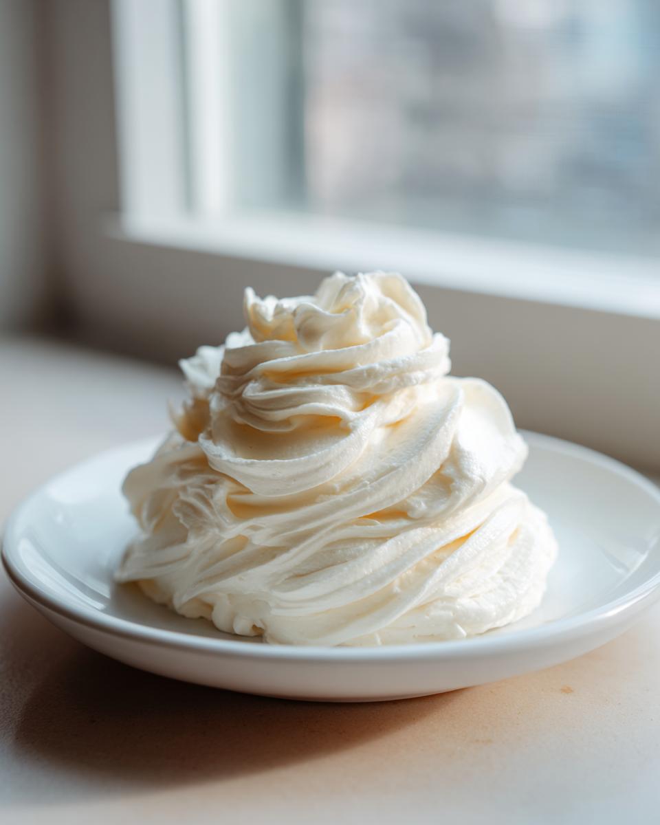 A beautiful swirl of fluffy, white cream cheese frosting piped onto a small white plate near a window.