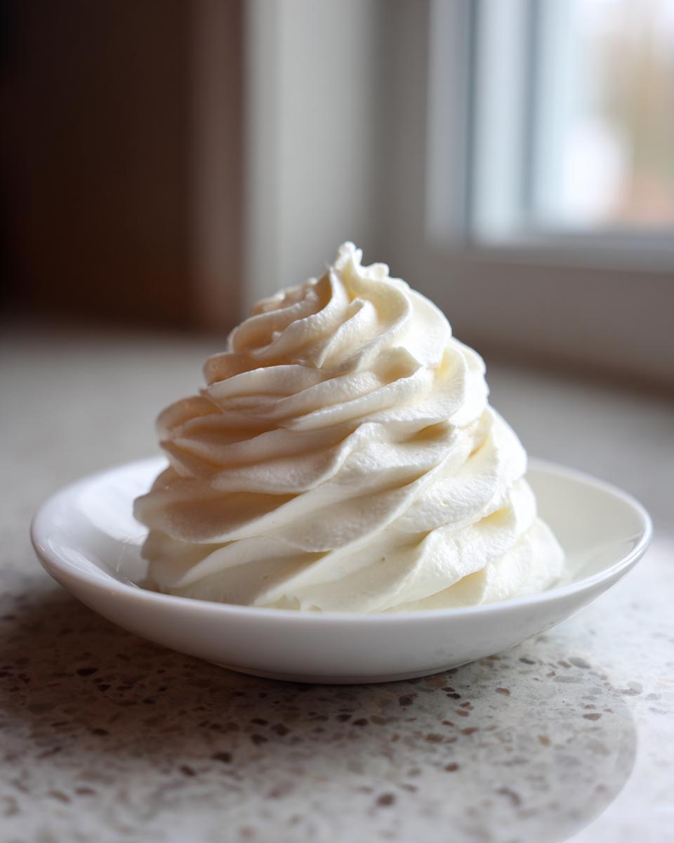 A tall, perfectly piped swirl of white cream cheese frosting in a small white bowl.