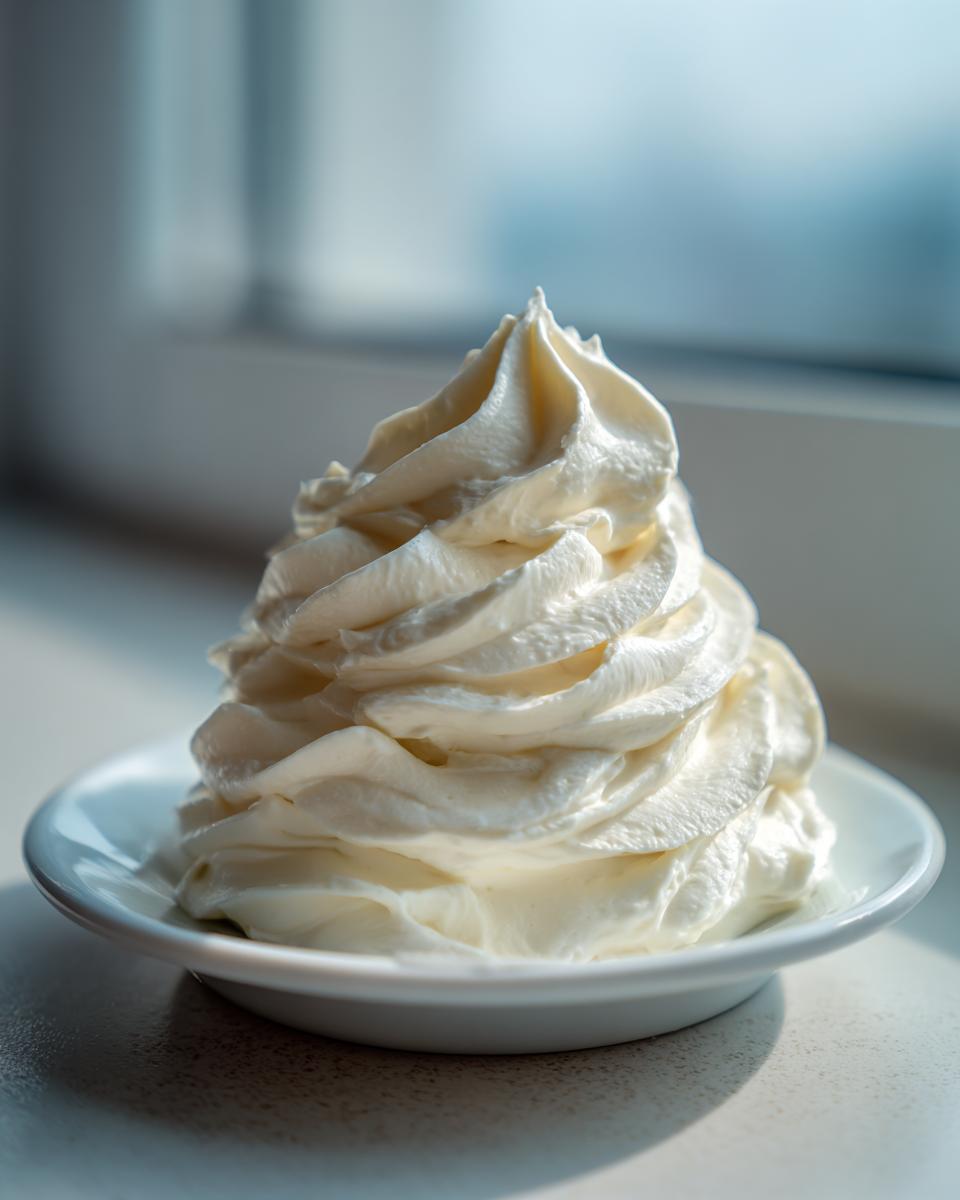 A tall, perfectly piped swirl of white cream cheese frosting sitting on a small white saucer.