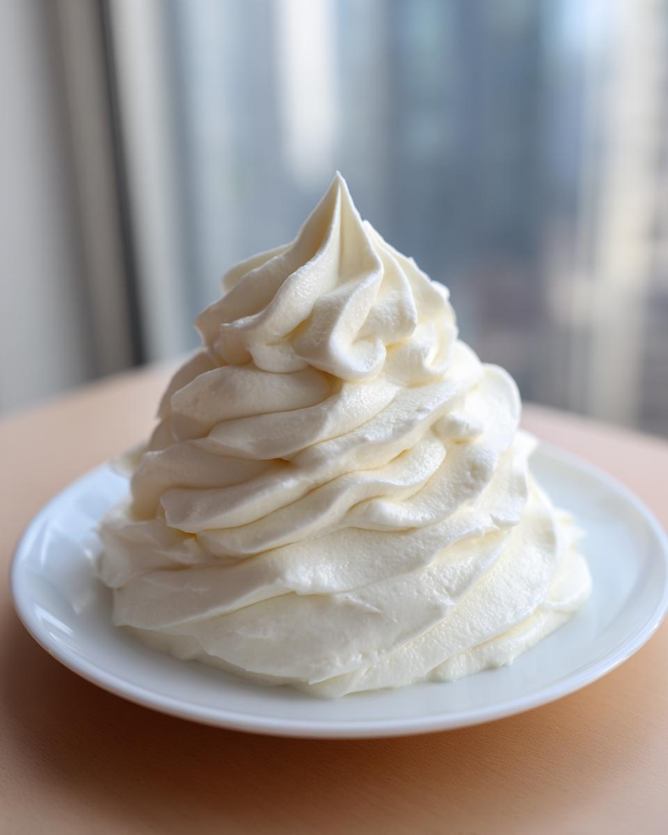 A tall, perfectly piped swirl of fluffy white cream cheese frosting sitting on a small white plate.