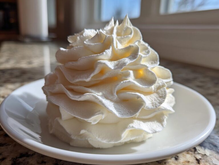 A beautifully piped swirl of fluffy white cream cheese frosting sitting on a small white saucer.