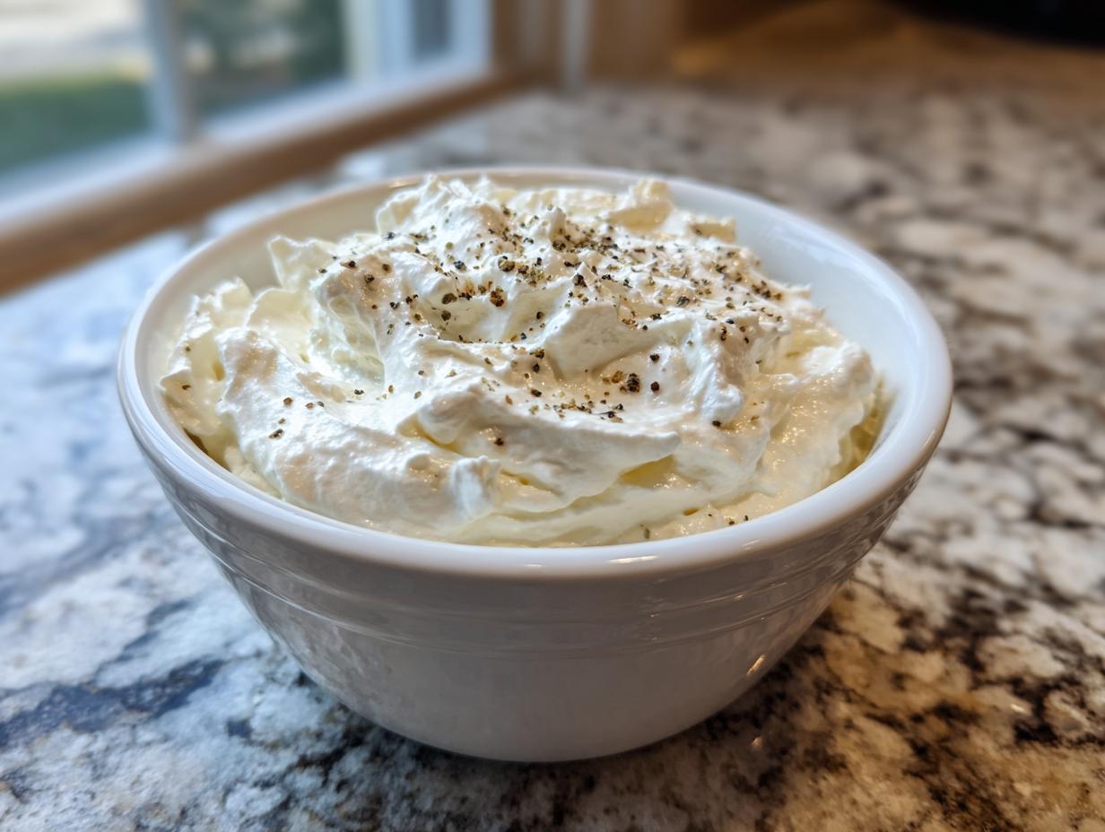 A close-up of creamy, white horseradish sauce topped with cracked black pepper in a small white bowl.