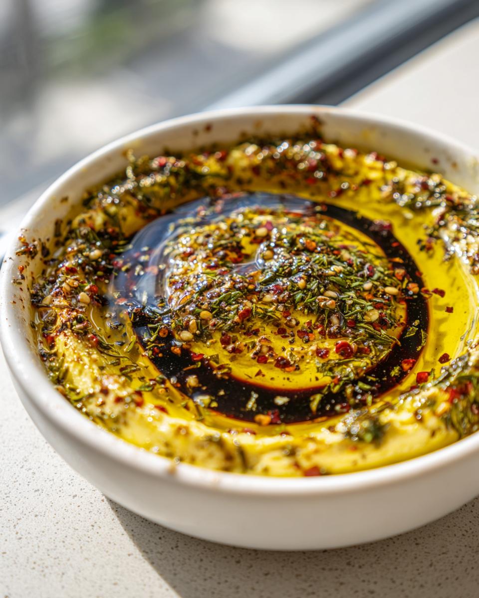 Close-up of a white bowl filled with creamy olive oil bread dip, topped with olive oil, balsamic swirl, and mixed herbs and spices.