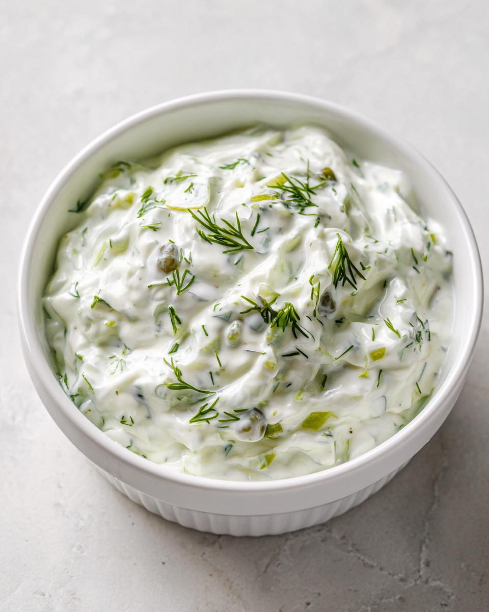Close-up of homemade tartar sauce, creamy white with visible pickles, capers, and fresh dill, served in a white ramekin.