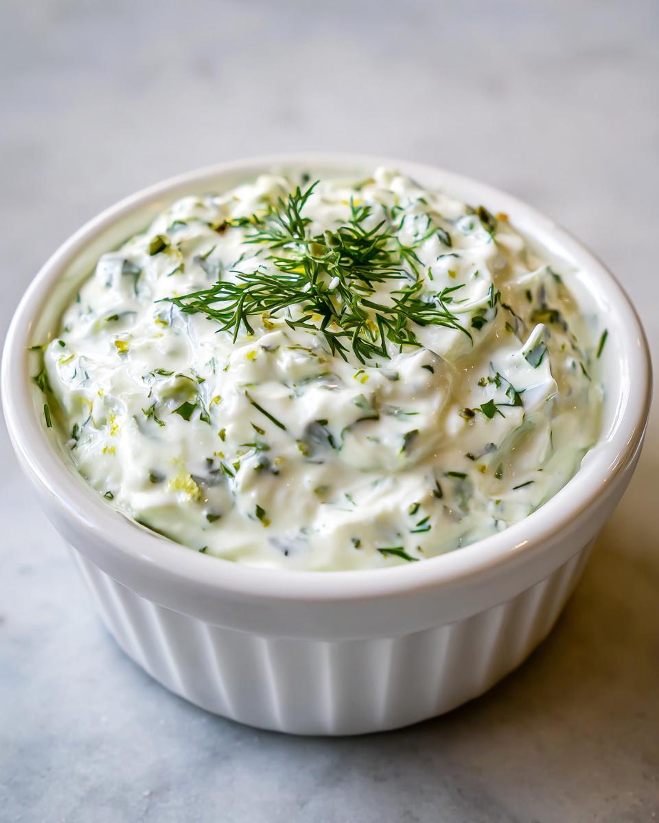 Close-up of creamy homemade tartar sauce generously garnished with fresh dill in a small white bowl.