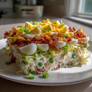 A generous slice of 7 layer salad showing distinct layers, topped with bacon, cheese, and hard-boiled eggs.