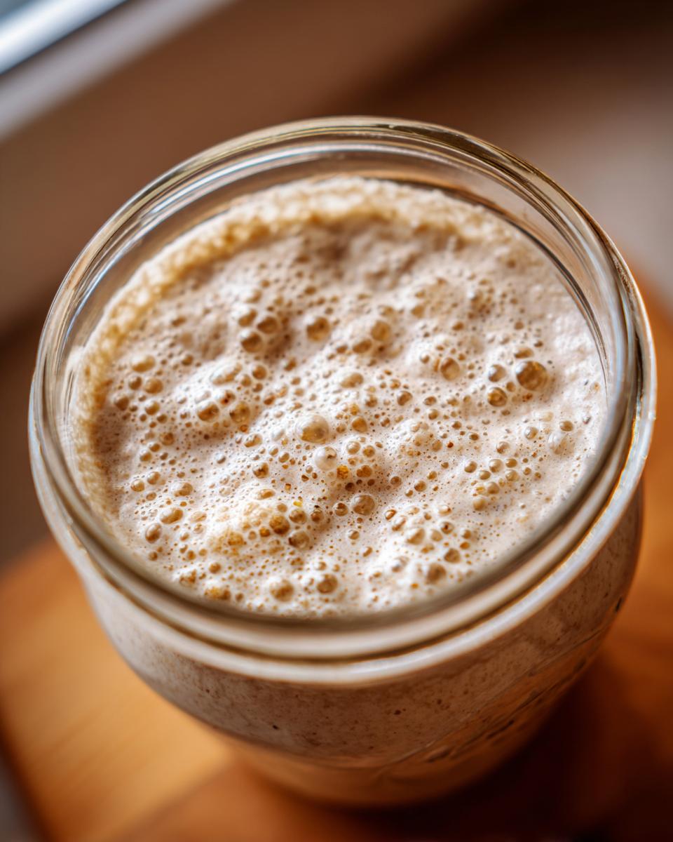 Overhead close-up of an active sourdough starter showing a thick layer of bubbles on top inside a glass jar.
