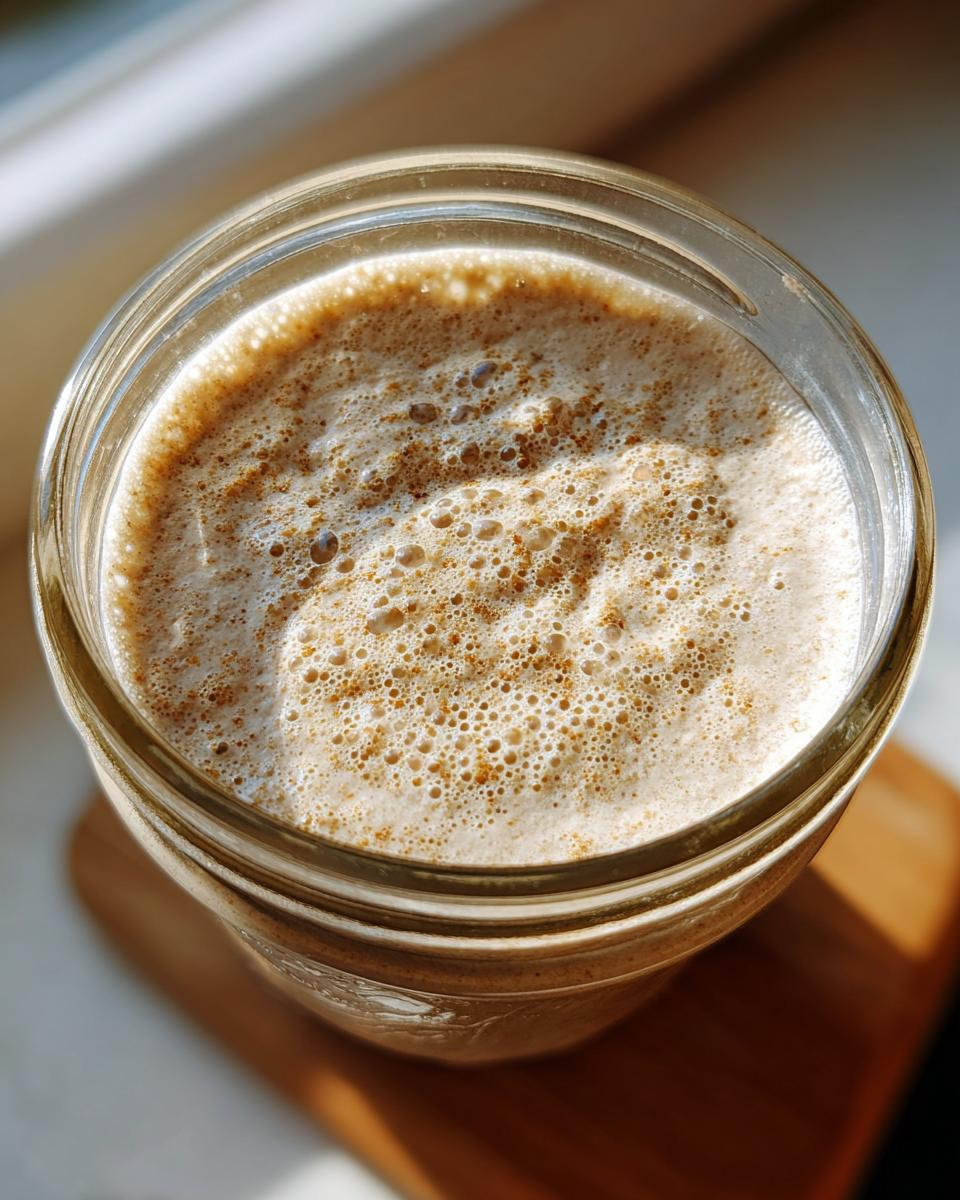 Overhead view of an active sourdough starter showing bubbly, frothy texture inside a glass jar.