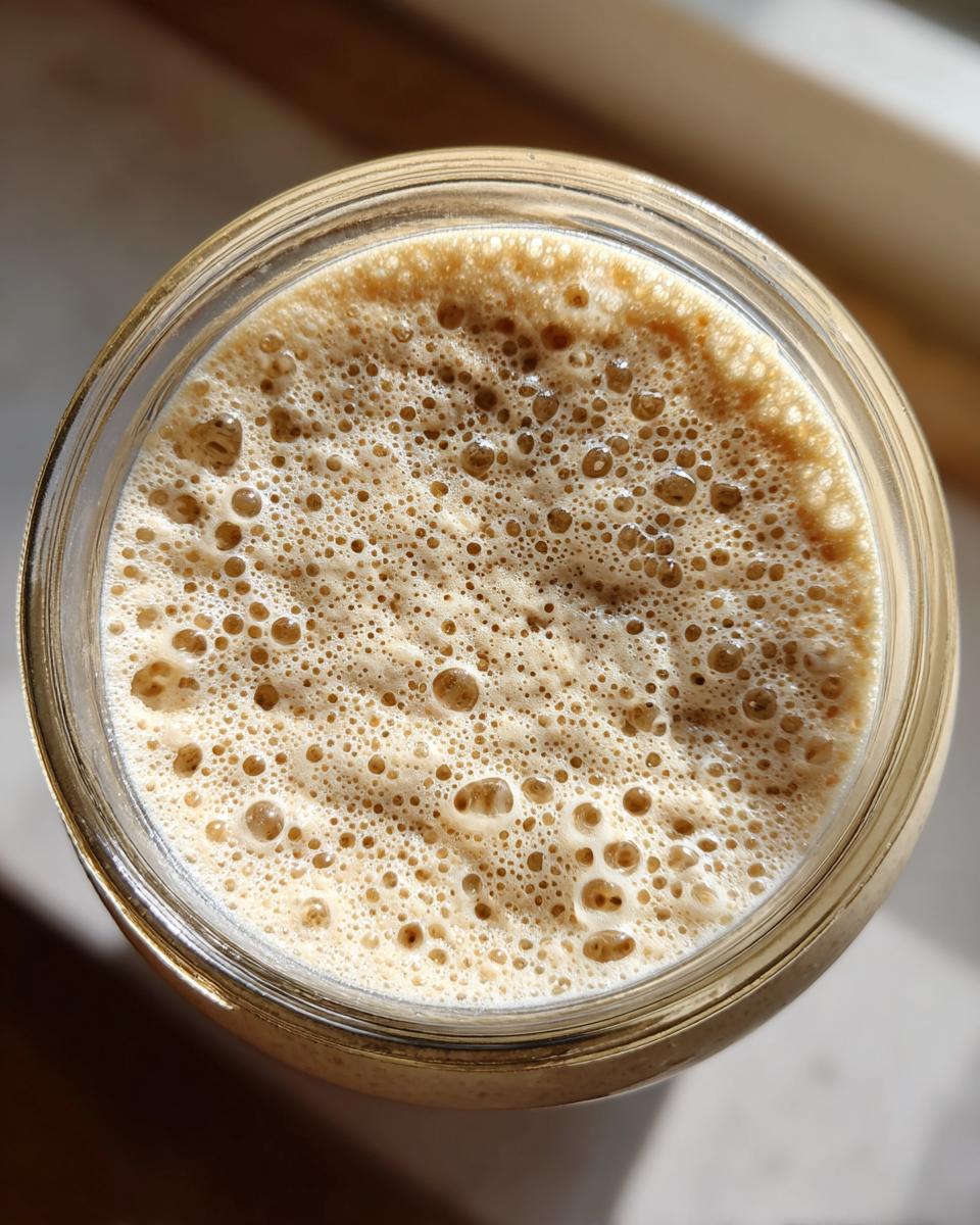 Overhead view of active sourdough starter in a glass jar showing many small, active bubbles.