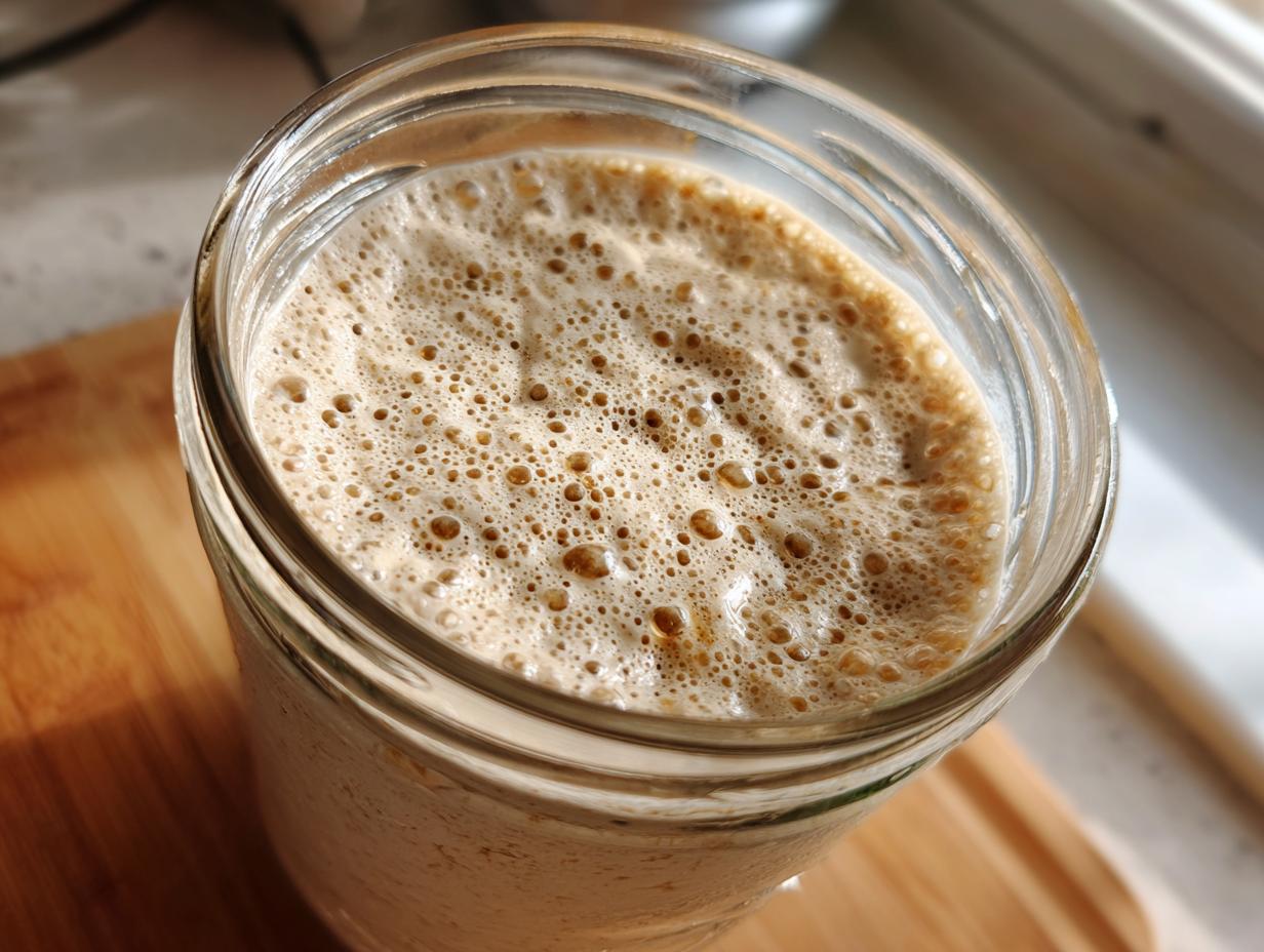 Close-up overhead view of an active sourdough starter in a glass jar, showing a thick layer of foam and bubbles.