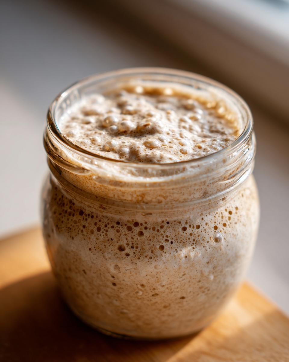 A close-up of an active, bubbly sourdough starter in a glass jar, showing fermentation activity.