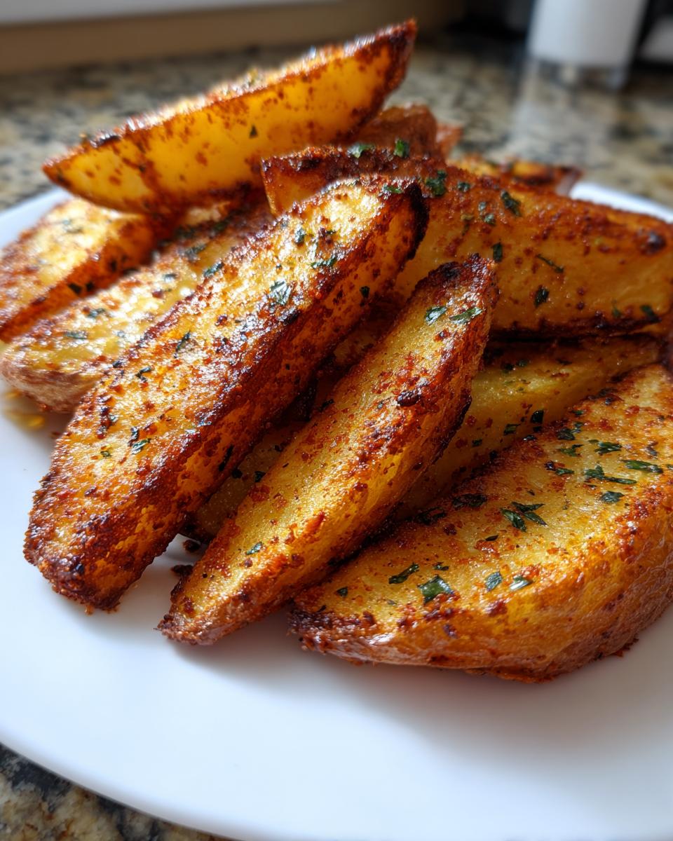 A close-up of golden brown, seasoned air fryer potato wedges piled on a white plate.