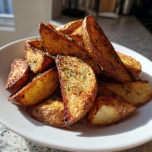 A close-up of golden brown, seasoned air fryer potato wedges piled high in a white bowl.